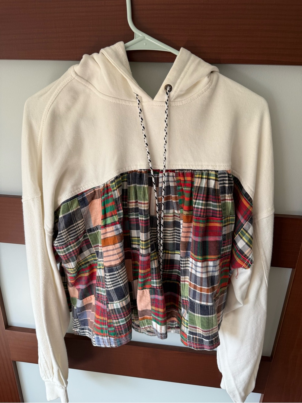 Pilcro Cream Hoodie with Multicolor Plaid Panel